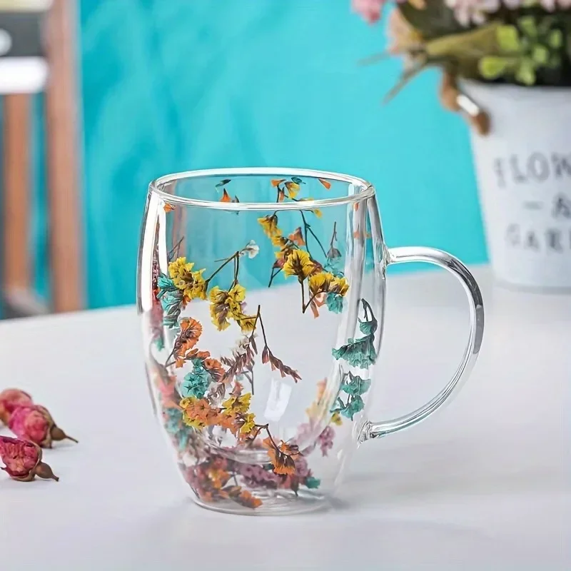 Glass Coffee Mug with Flowers Inside, Double-Walled Espresso Cups, Heat Insulated, Quicksand Water Cups, Drinkware 350ml