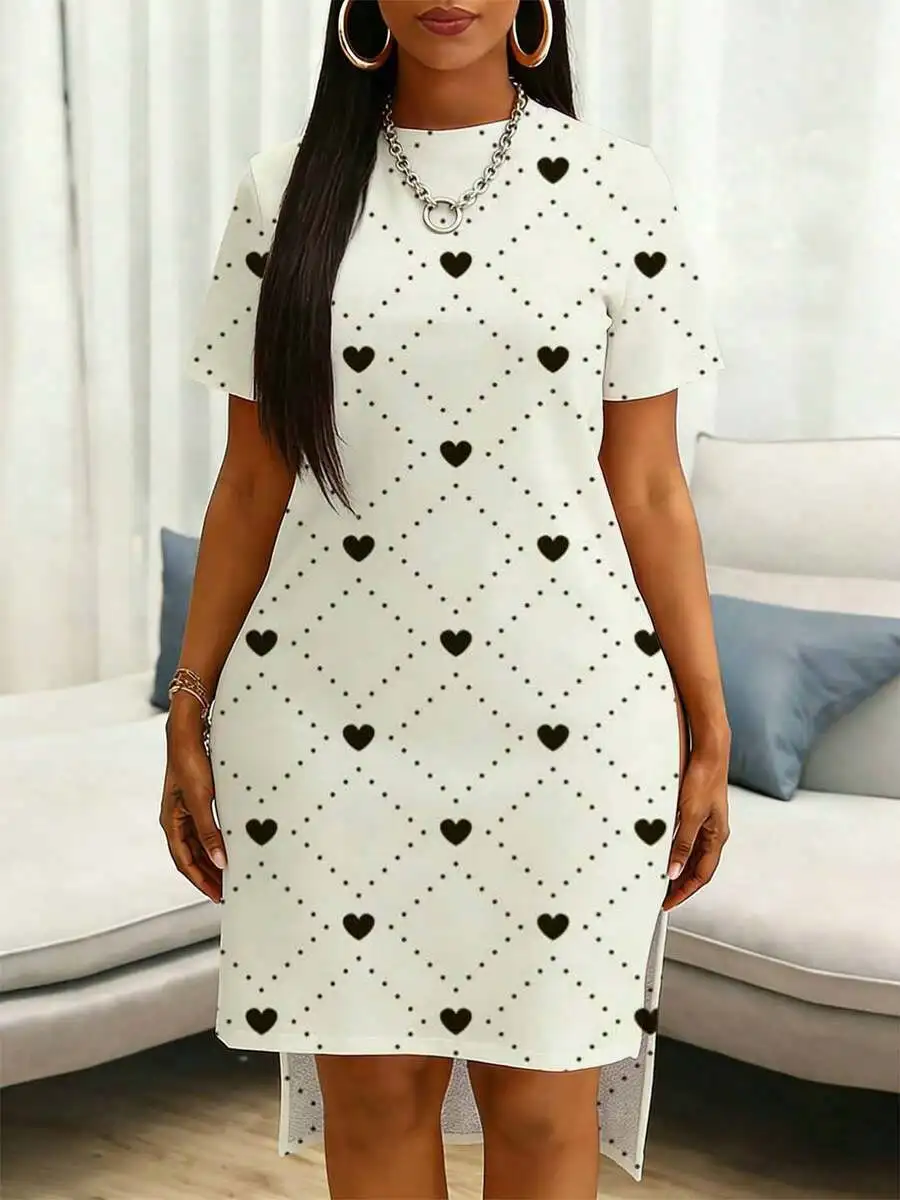 

Heart Print Mini Dress With Side Slit For Women Casual Party Outfit