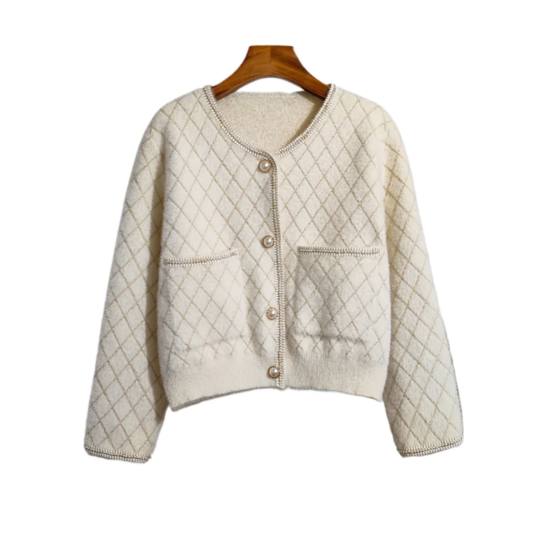 Heldere Zijden Trui Vest Dames Herfst Winter Nieuwe Losse Lange Mouwen Korte Plaid Gebreide Top Vrouwelijke O-hals Jas