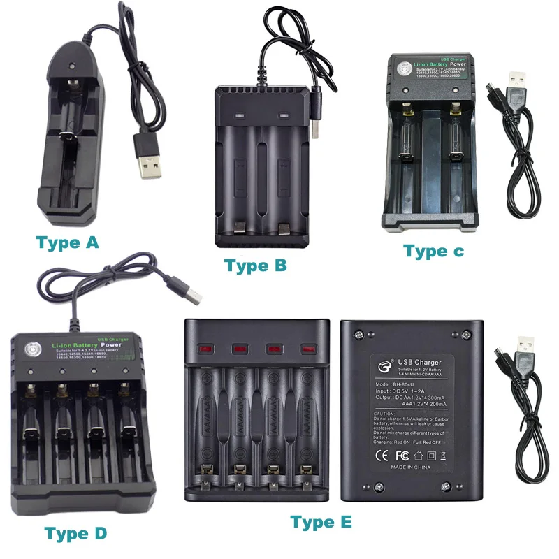 1/2/3/4 Slots LED Light 5V 2A 4.2V 1000mA USB Port 10440 14500 16340 16650 14650 18350 18650 18500 Rechargeable Battery Charger