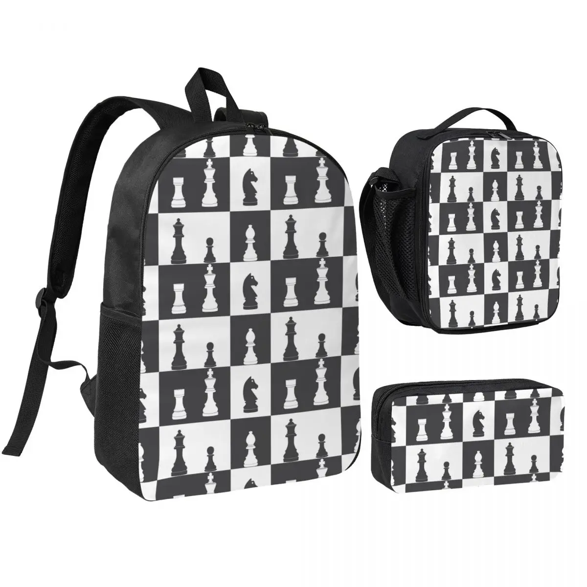 

Chess Pieces On Board Backpack Student BookBag School Bag Shoulder Bags 3ps Insulated Lunch Bag Pencil Case