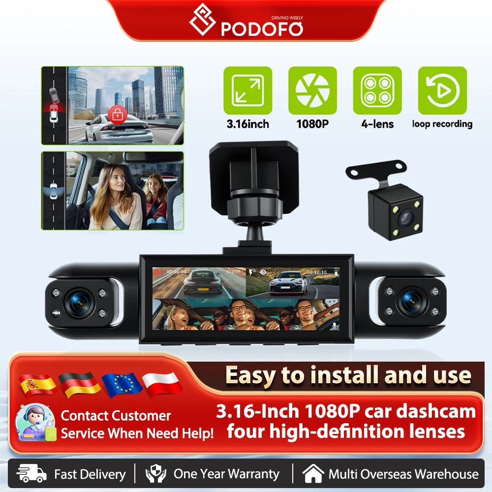 Podofo – caméra de tableau de bord pour voiture, Support de Vision nocturne, moniteur de stationnement, enregistreur de conduite, détection de mouvement, enregistrement en boucle pour aide à la recul