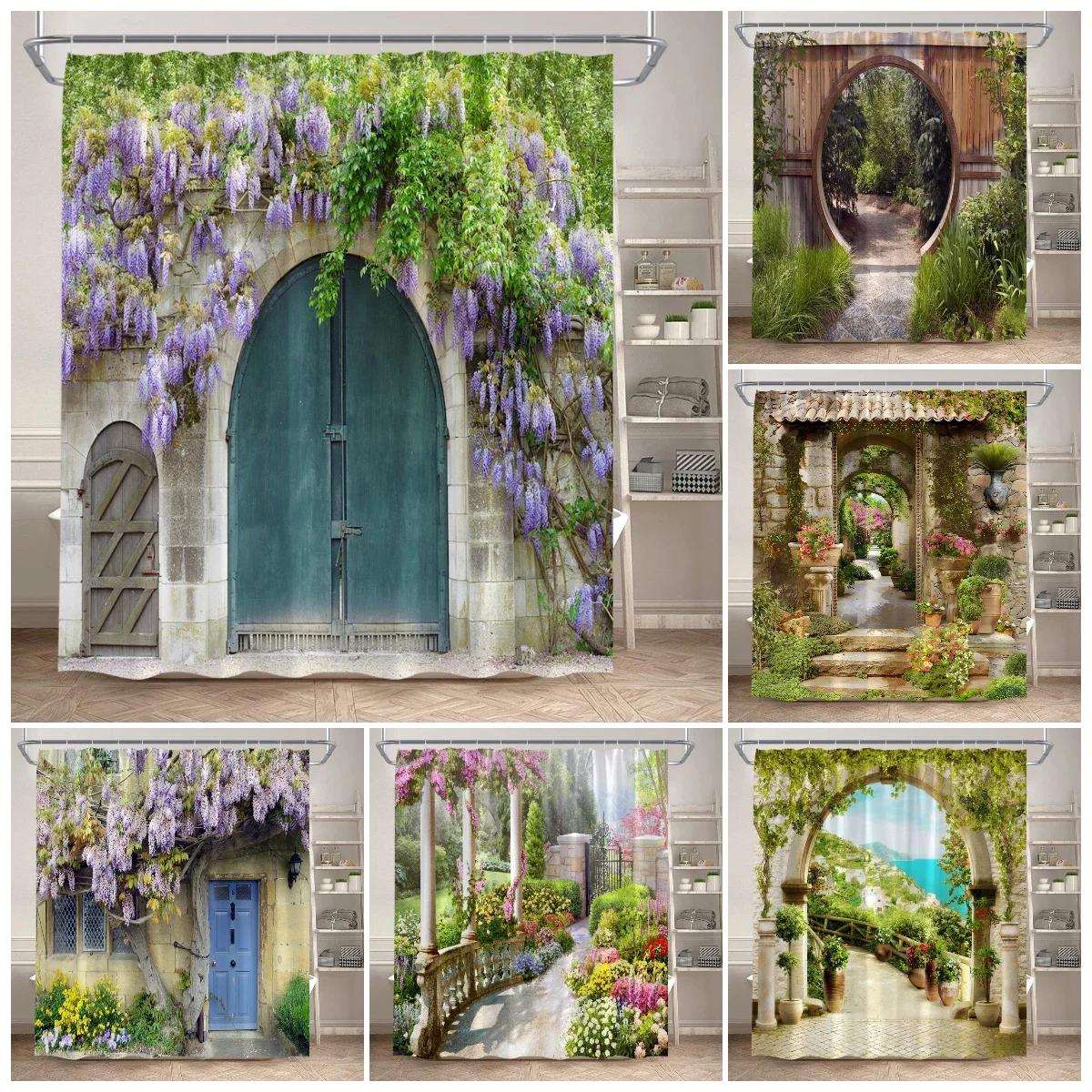 Cortinas de chuveiro florais de parede de tijolo vintage, videira roxa, flor, planta, jardim europeu, cenário de poliéster, decoração de cortina de banheiro para casa