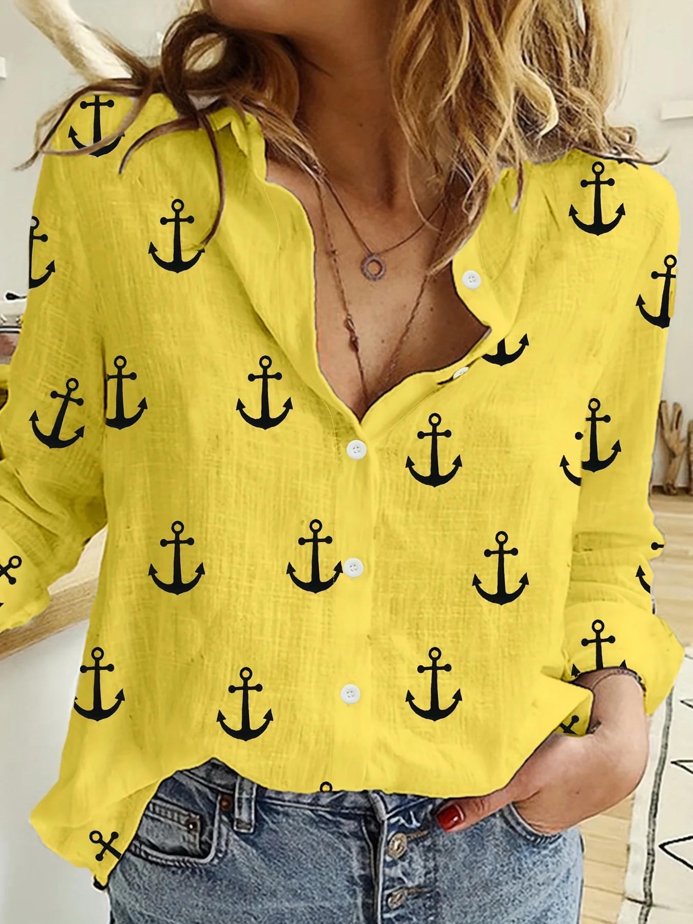 New Women's Shirt With Boat Anchor Pattern Printed On Women's Long Sleeved Shirt Daily Loose Casual Street Fashion Women's Shirt