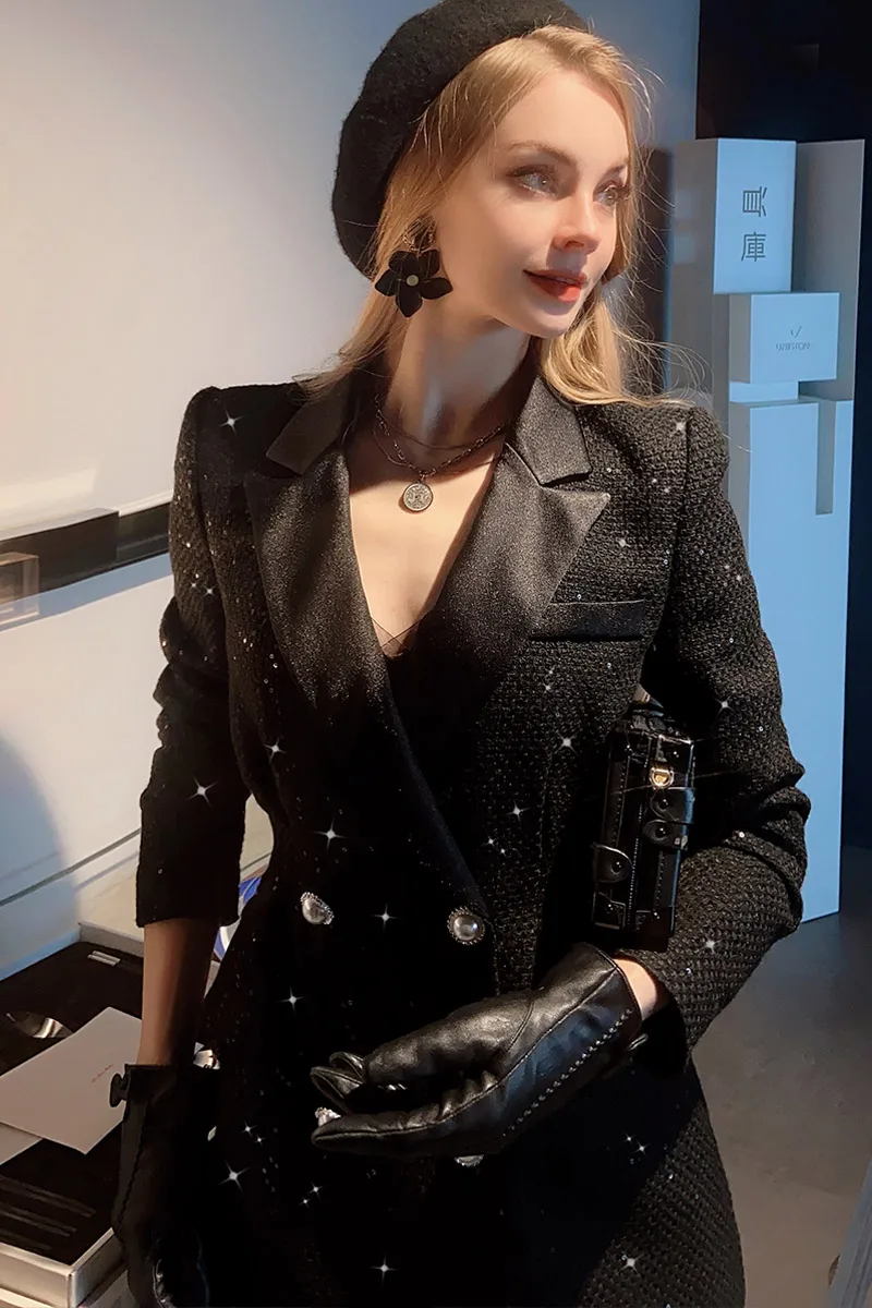 

Dabuwawa Spring Autumn Beaded Blazer Women Hepburn Style Tweed Patchwork Jackets Coat Black Suit Jacket 2023 DF1DOT004