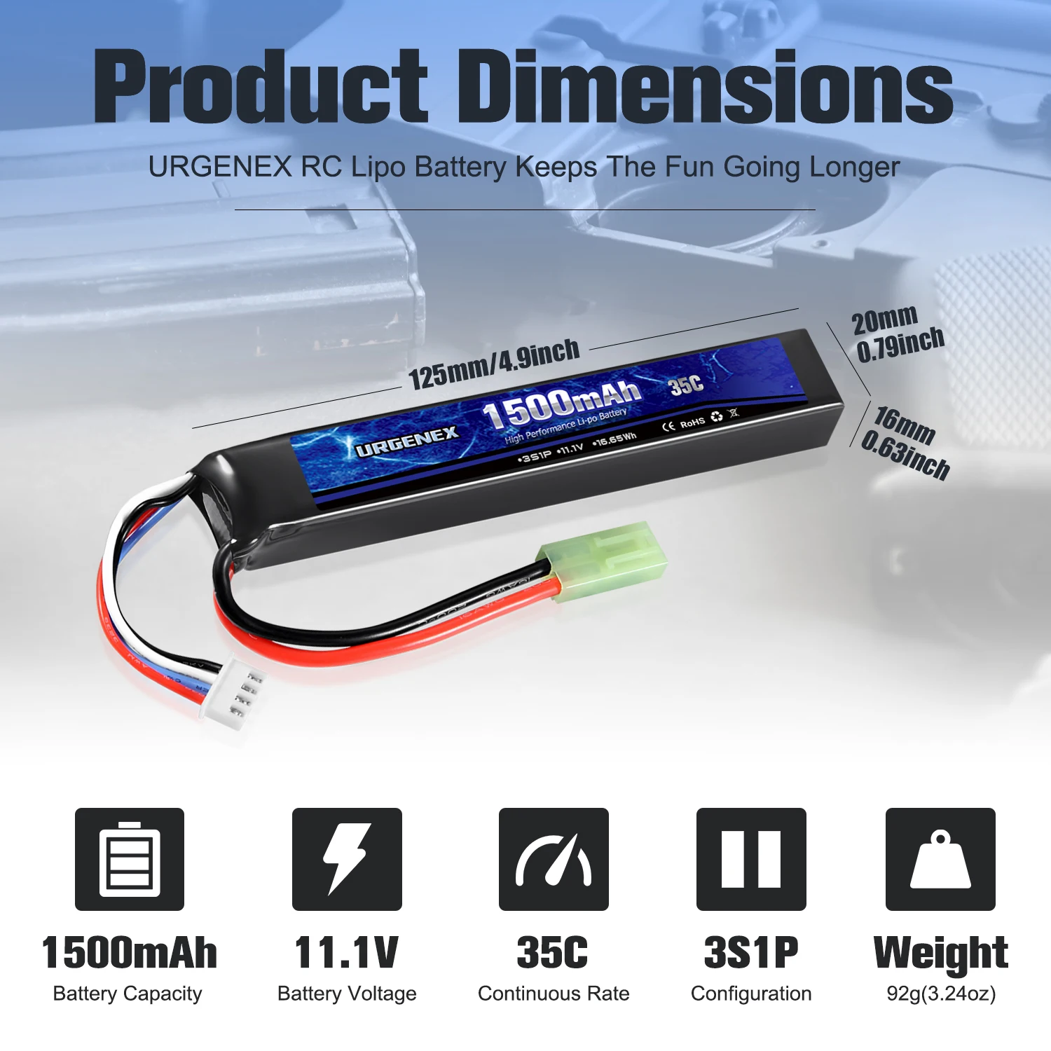 URGENEX Airsoft Battery 11.1V 1500mAh 35C High Discharge Rate Lipo Battery Pack with Mini Tamiya Plug Rechargeable 3S Lipo Batte