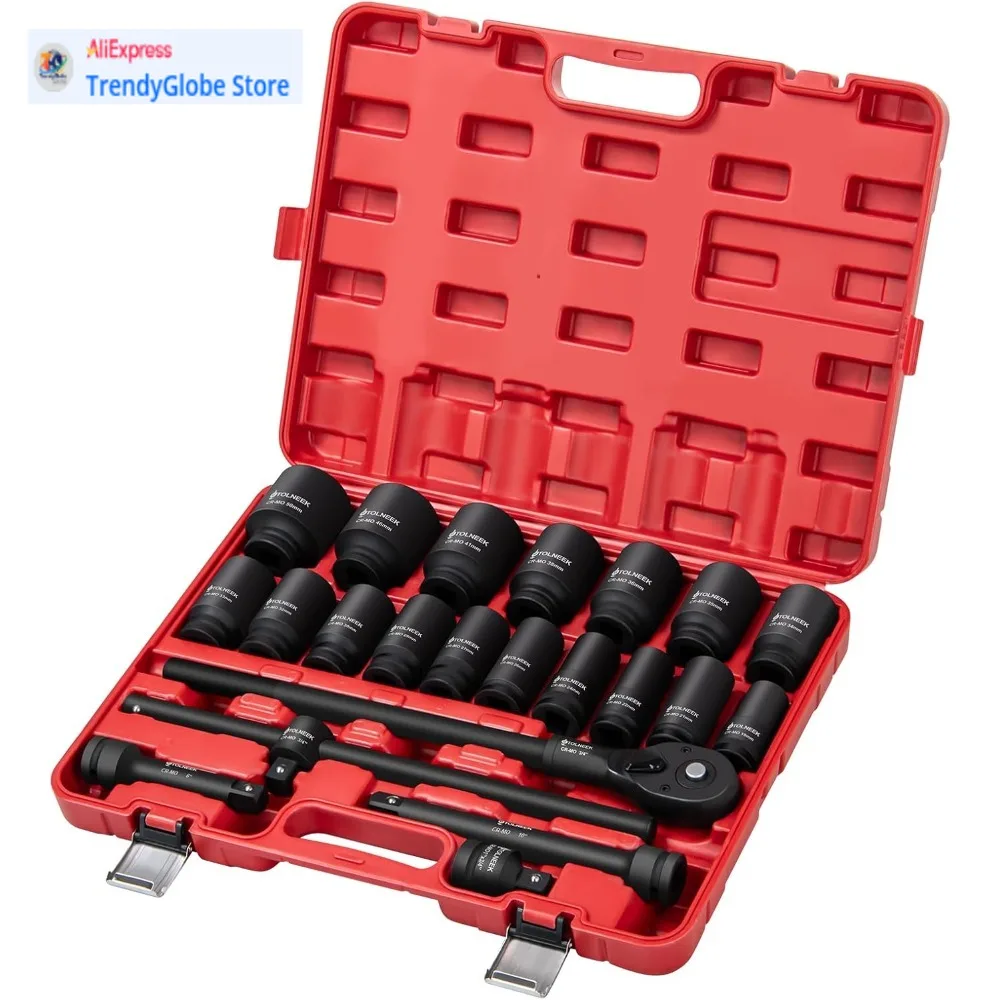 

Метрический набор ударных головок с 6-точечным приводом 3/4 из стали Cr-Mo, адаптерами и быстроразъемным ключом с храповым механизмом