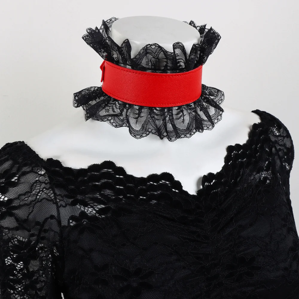 Black Red Color Pu Leather Choker Vintage Style Adjustable Lace Lolita Choker Chunky Ruffled Floral Lace Gothic Neck Ruff Party
