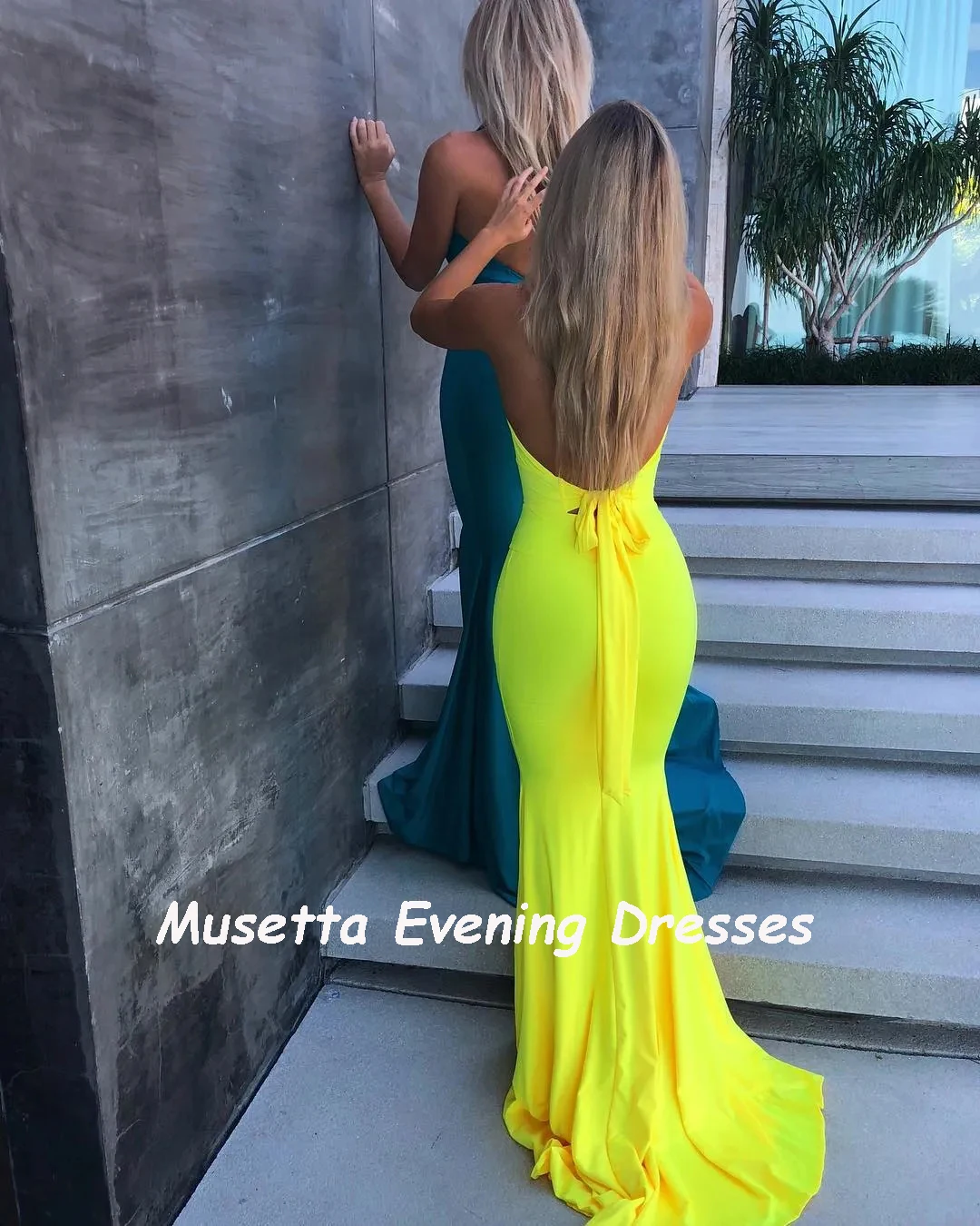 Musetta-Vestidos de Noche de sirena amarillos sexys, Espalda descubierta, Halter Simple, vestido de graduación largo barato, vestidos de fiesta de boda de tren personalizados