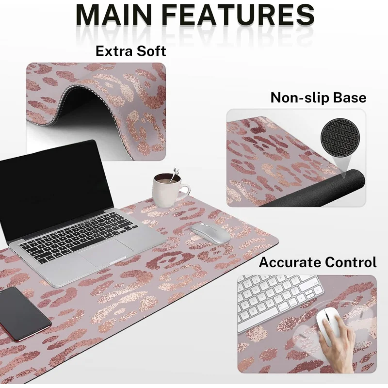 Rose Gold Leopard Pink Desk Mat, Animal Skin Mouse Pad Set with Wrist Support, 4-in-1 Large Mousepad+Keyboard