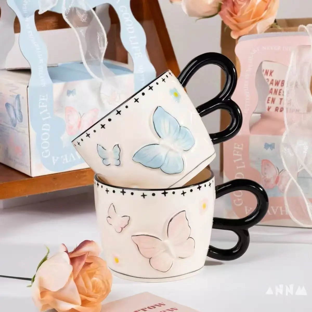 

3D Butterfly Makeup Cup Coffee Cup High Beauty Couple Best Friend Gift Female Office Milk Tea Drinkware Gift Box Packaging