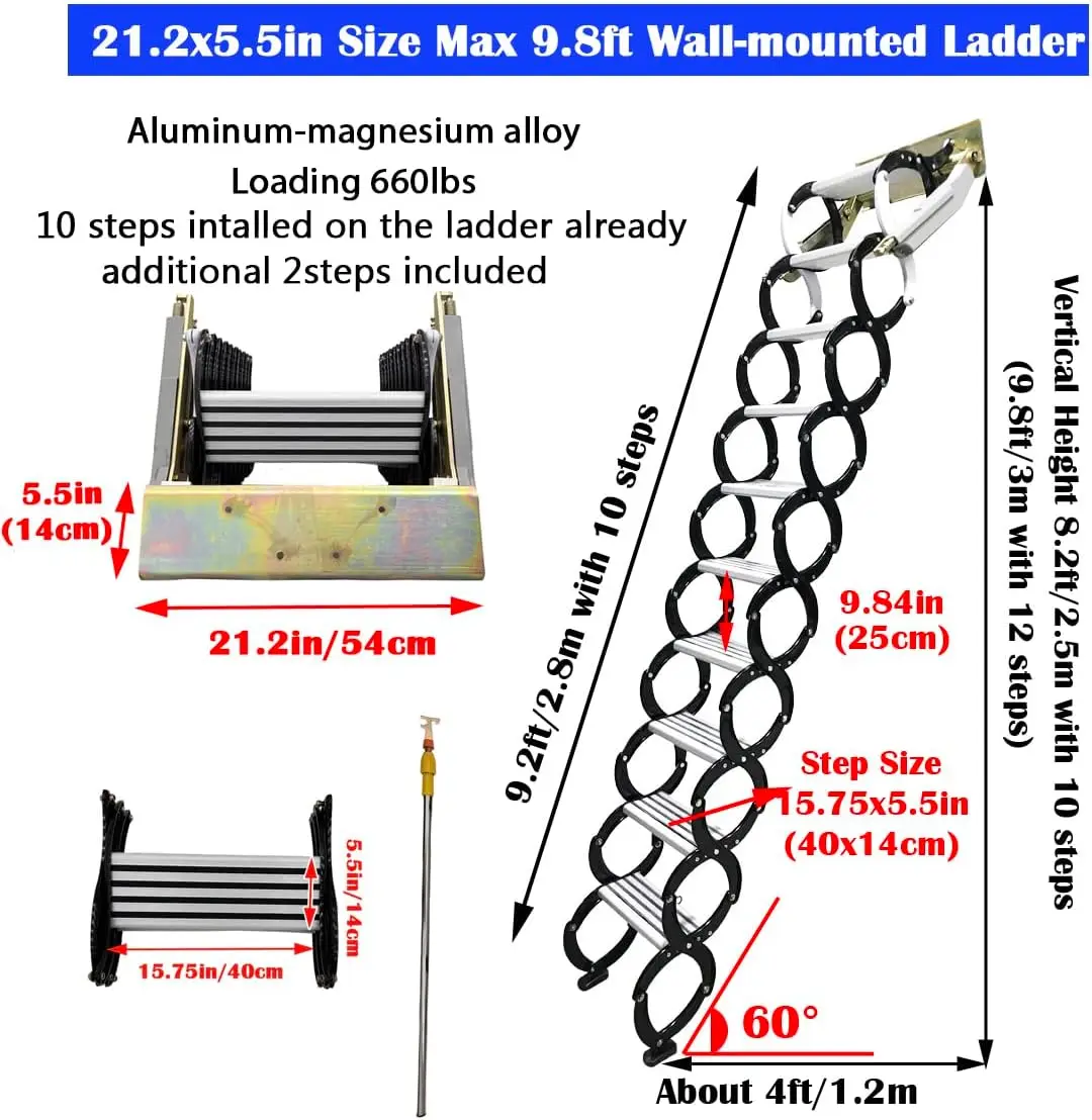 Black Folding Ladder Extension Loft Stairs Narrow Wall-Mounted Attic Loft Stairs Attic Stairs 8.2-9.8Ft Vertial Height Pulldown