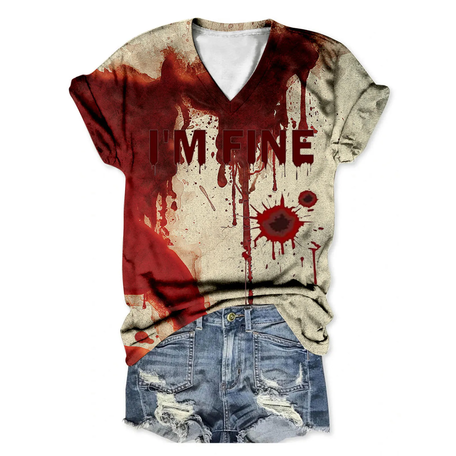 Women's Clothing Casual V Neck Short Sleeved Halloween Women's I'm Fine Bloody Letter Printed T Shirt Top Halloween Costume