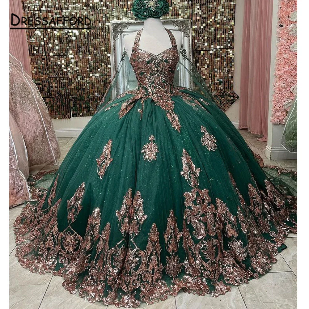 Green Quinceanera Dress Ball Gown 2023  With Gold Lace Appliques Flowers Beaded Long Formal Party Gowns