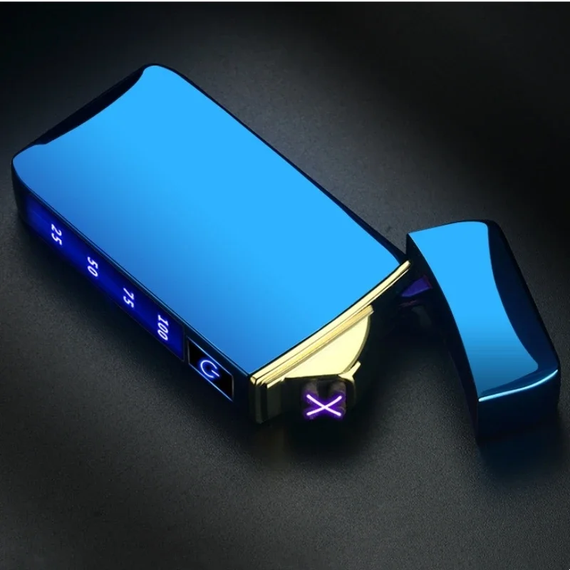 Metal Electric Windproof Double Arc Pulse Flameless Lighter Plasma USB Charging Lighter Touch Sensing Digital Power Display Blue