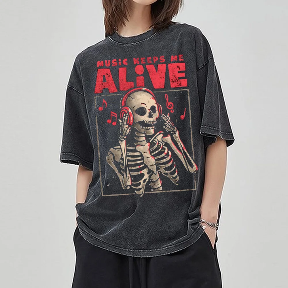 Alive Skull Listen To Music Print Women Wash T-Shirt Oversized Couple Short Sleeve Unisex Fashion Hip Hop High Street Girls