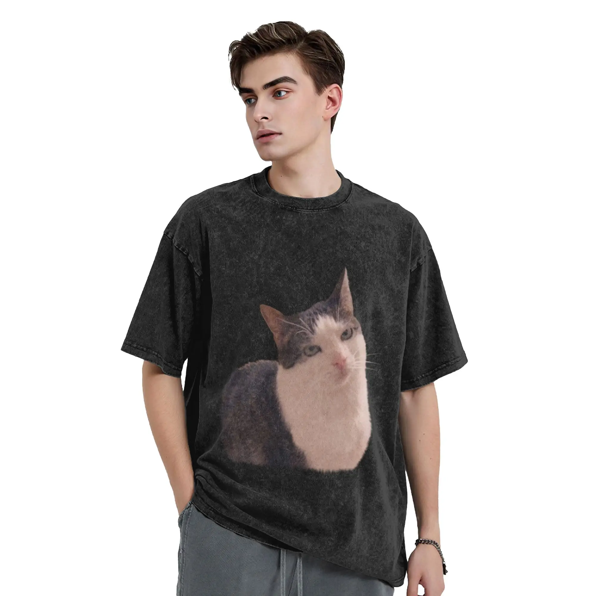 Cat rolling eyes meme  sarcastic funny cat Unique Chic A Washed T Shirt Men's Women's Oversized Cotton Tees Tops