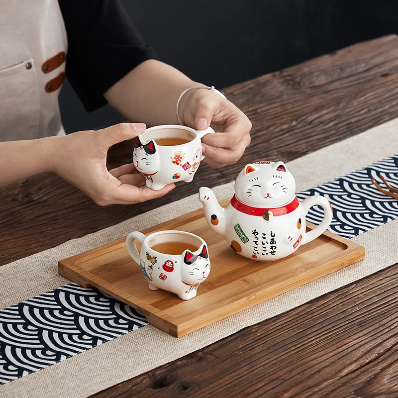 Cute Cat Teaware Series Sets Lucky Cat Tea Pot With 2 Tea Cups Sets Jingdezhen Porcelain Fortune Cat  Tea Service