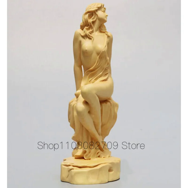 

5.9" Chinese Box-wood Hand-carved Beautiful girl beauty Girl Boddhisattva Statue
