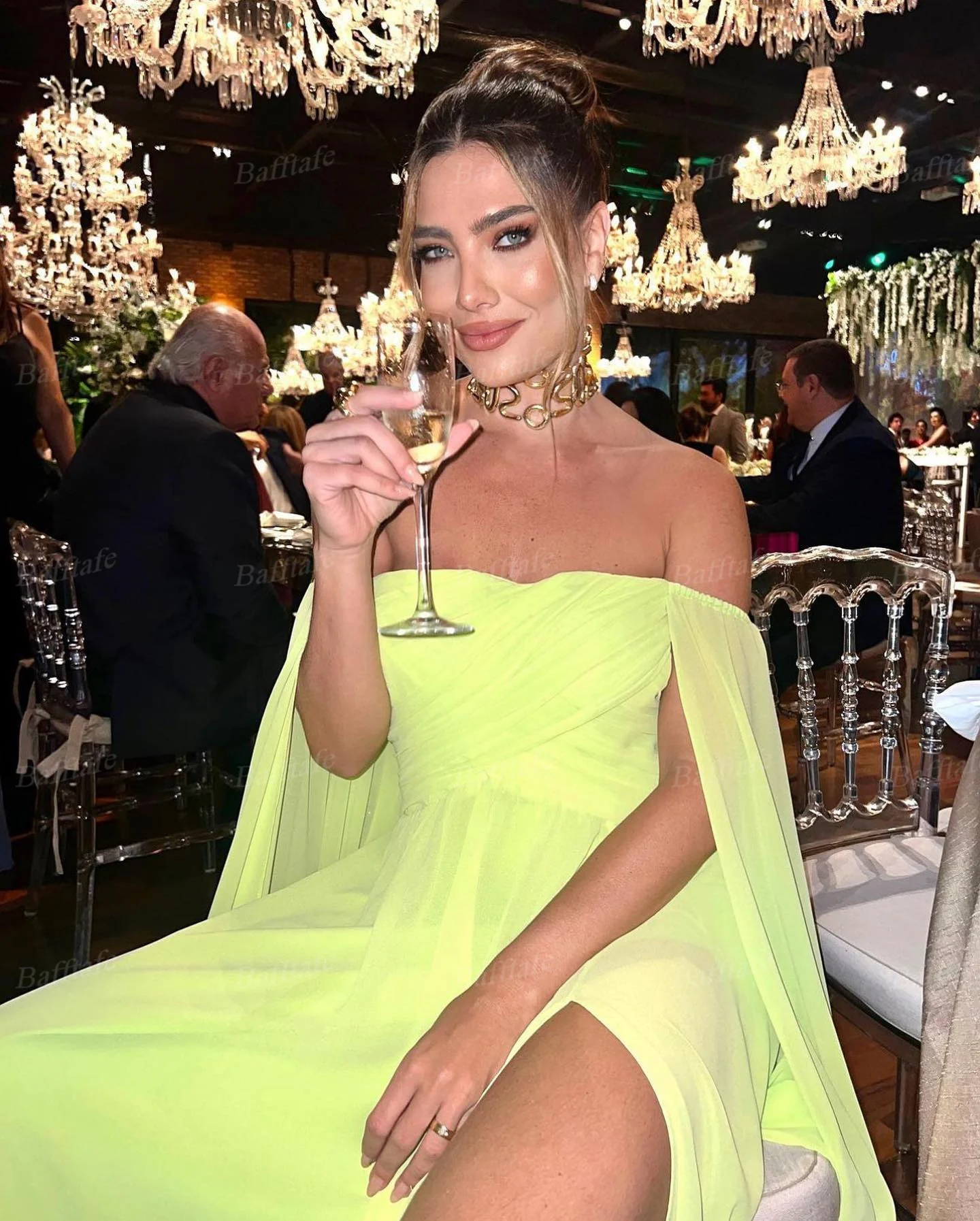 Bafftafe A Line Chiffon Saudi Arabia Women Prom Dresses Customized Long Cap Sleeves Slit Pleats Evening Party Dress Formal Gowns