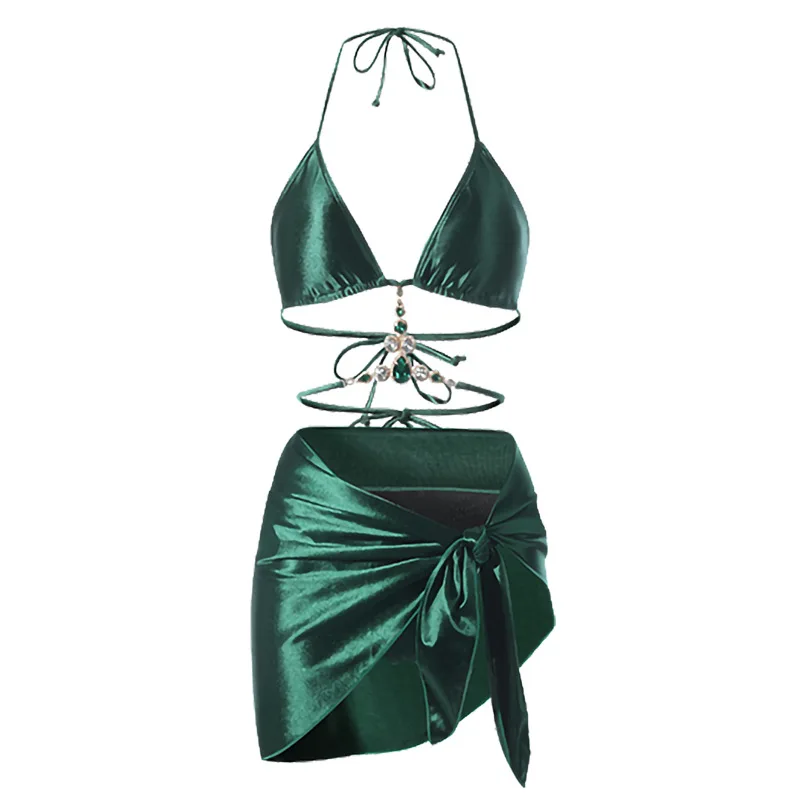 3-х предметный разделенный купальник, женский роскошный драгоценный камень, высококачественный бикини на бретельках, спа-купальник, комплект бикини со стразами, купальный костюм, накидка, стринги