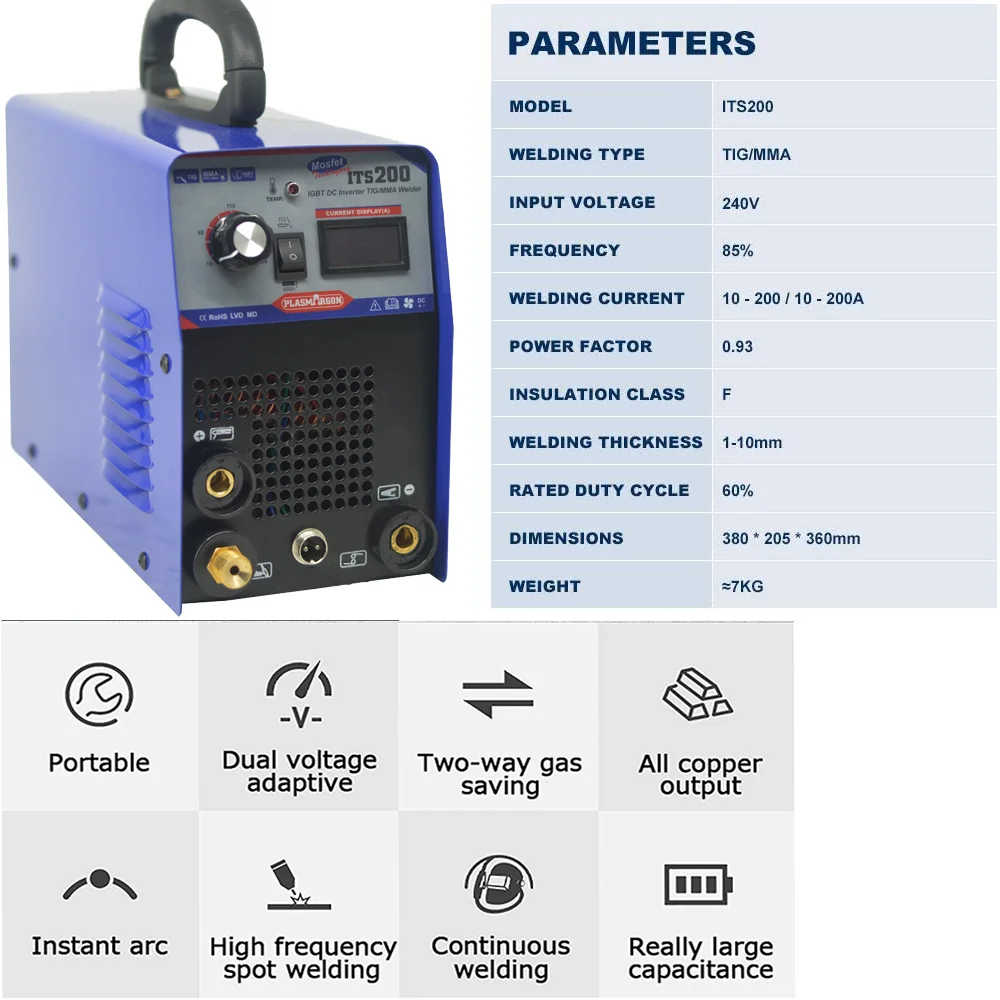 Plasmargon Welding Machine ITS200 Tig Welding Machine Argon Steel Arc Welding DC Inverter Tungsten Rod Welding Machine 110V 220V