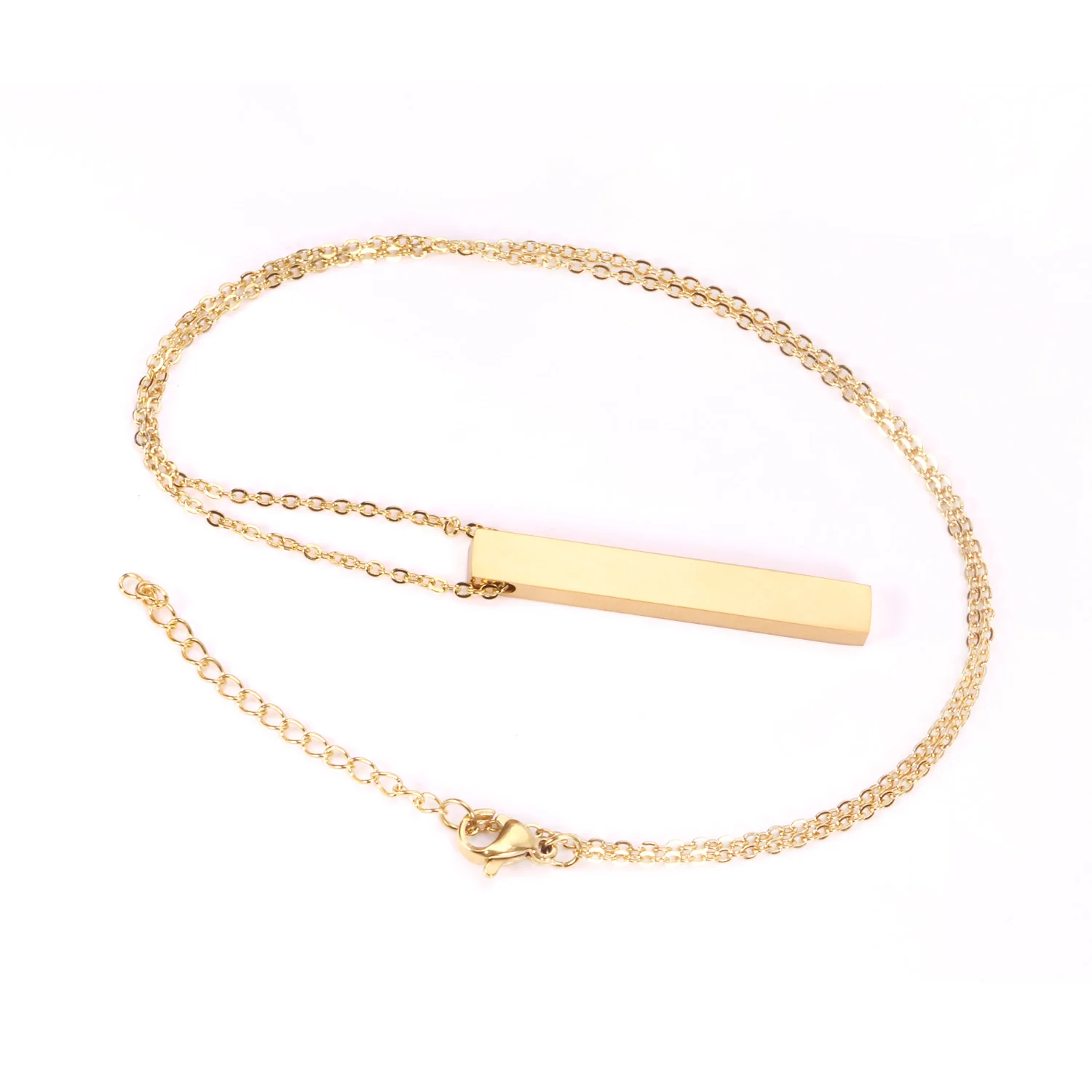 Stainless Steel Gold Plated Vertical Bar Pendant Necklace, Dainty Rolo Chain Minimalist Engravable Women Fashion Jewelry Gift