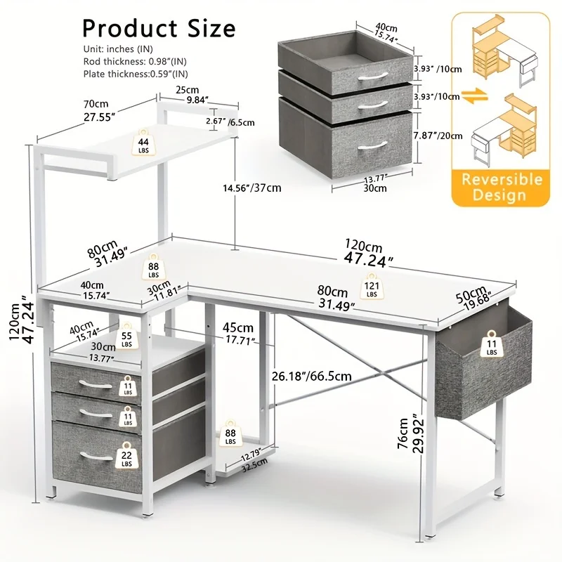1set L-Shaped Computer Desk, Modern Simple Style, Reversible With Storage Shelves, 3 Fabric Drawers, Side Pouch