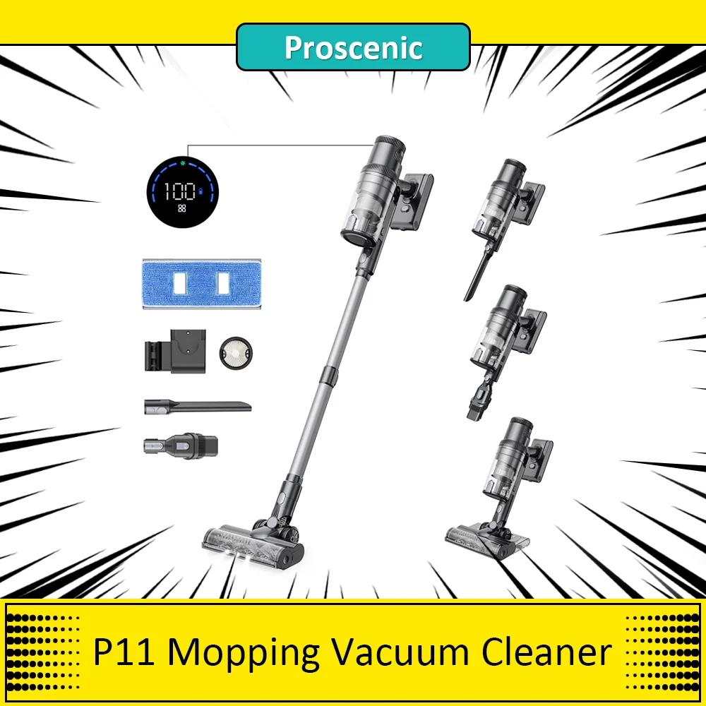 Proscenic P11 Mopping Cordless Vacuum Cleaner, 35Kpa Suction, 0.65L Dustbin, 5-Stage Filtration System, 2000mAh Battery