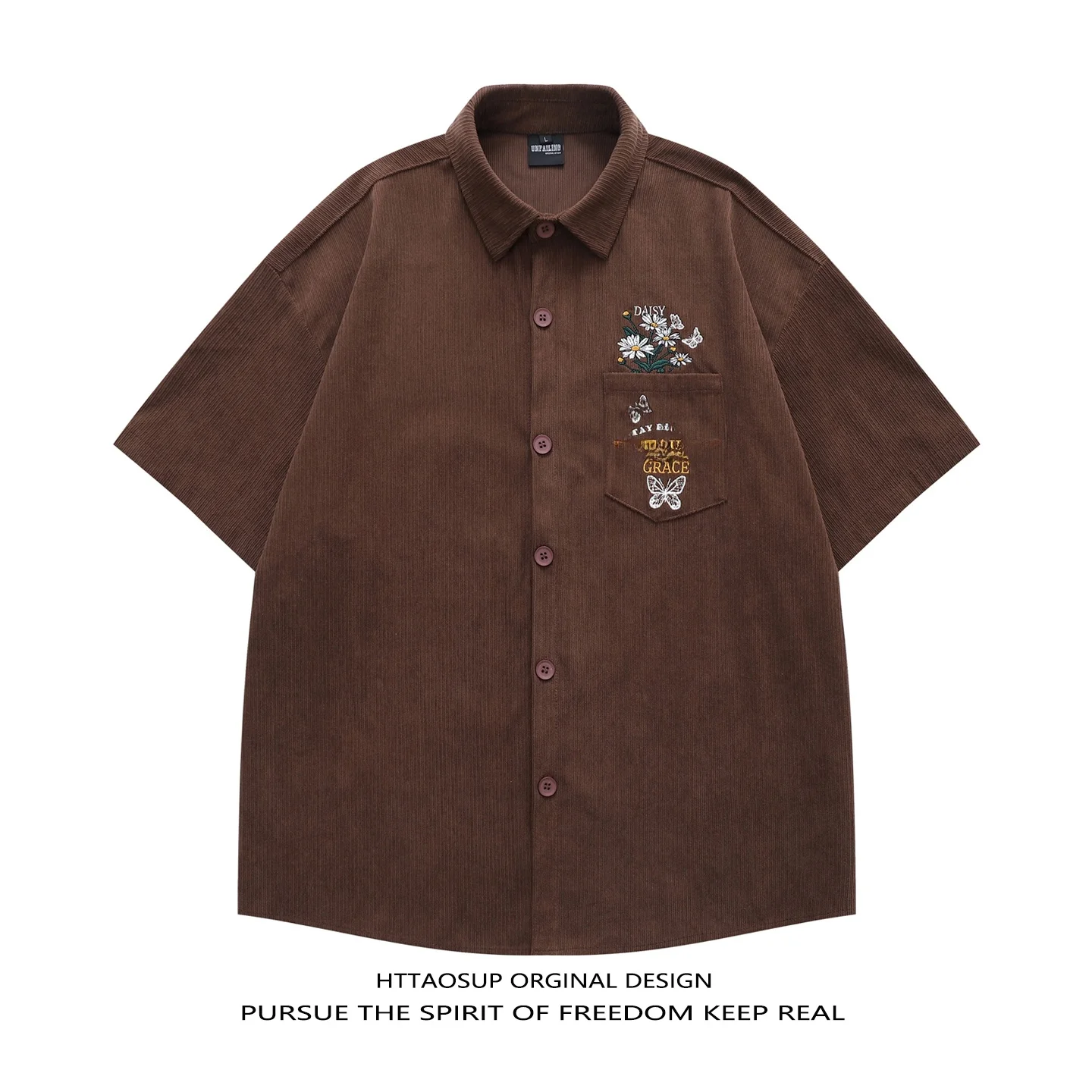HTTAOSUP 2026 Men's Short Sleeve Embroidered Corduroy Shirt Casual Style Half Sleeve Design Summer Comfortable Polyester Fiber