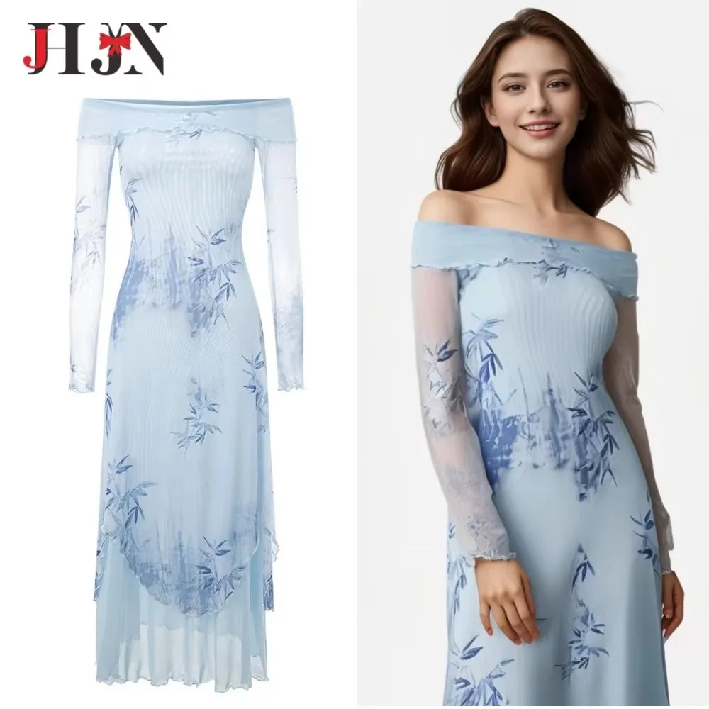 JHJN New Chinese Style Inkwash Painting Women Dresse Y2k E-Girl Slash Neck Long Sleeve Vestidos Summer Slim Waist Mesh Dress