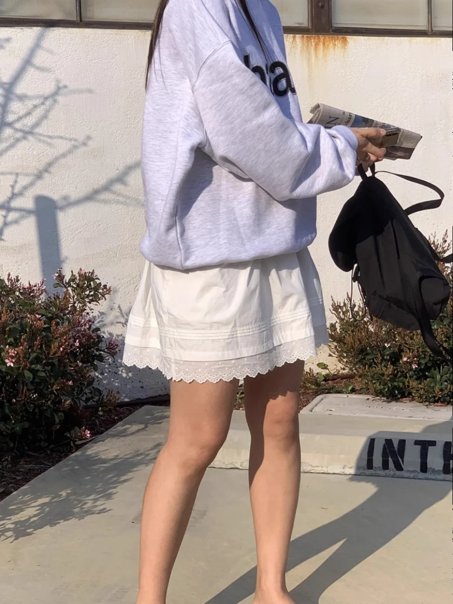 Casual High Waist A-Line  Skirt Pure Color Elastic Waist Lace Trim ort Skirt Women's Spring Faion Cotton Blend Skirt