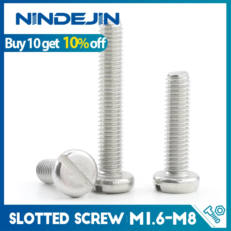 NINDEJIN Round Head Slotted Machine Screw M1.6 M2 M2.5 M3 M4 M5 M6 Stainless Steel Thread Slotted Drive Pan Head Screw Bolt