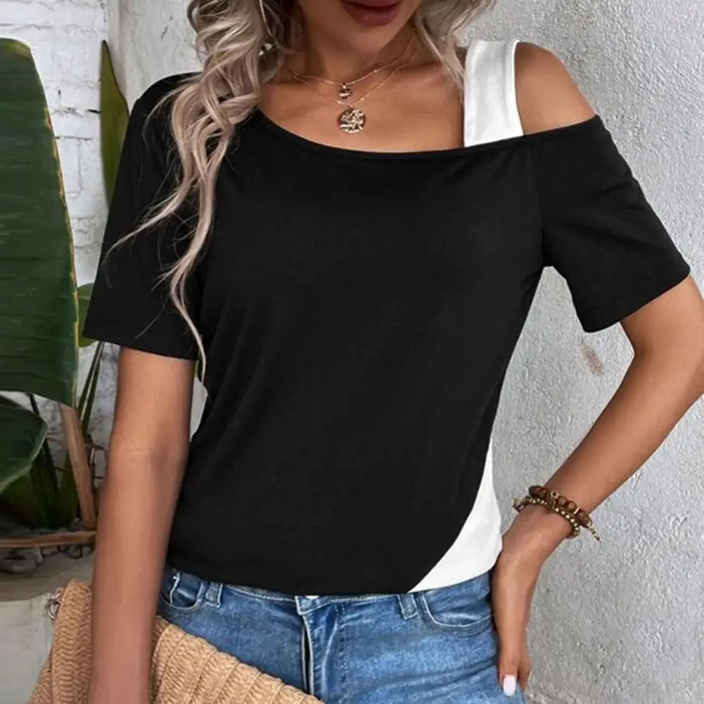 

Patchwork Color Off Shoulder Women Blouse Skew Collar Patchwork Color Casual Blouse Two Asymmetrical Collar Short Sleeved Tops