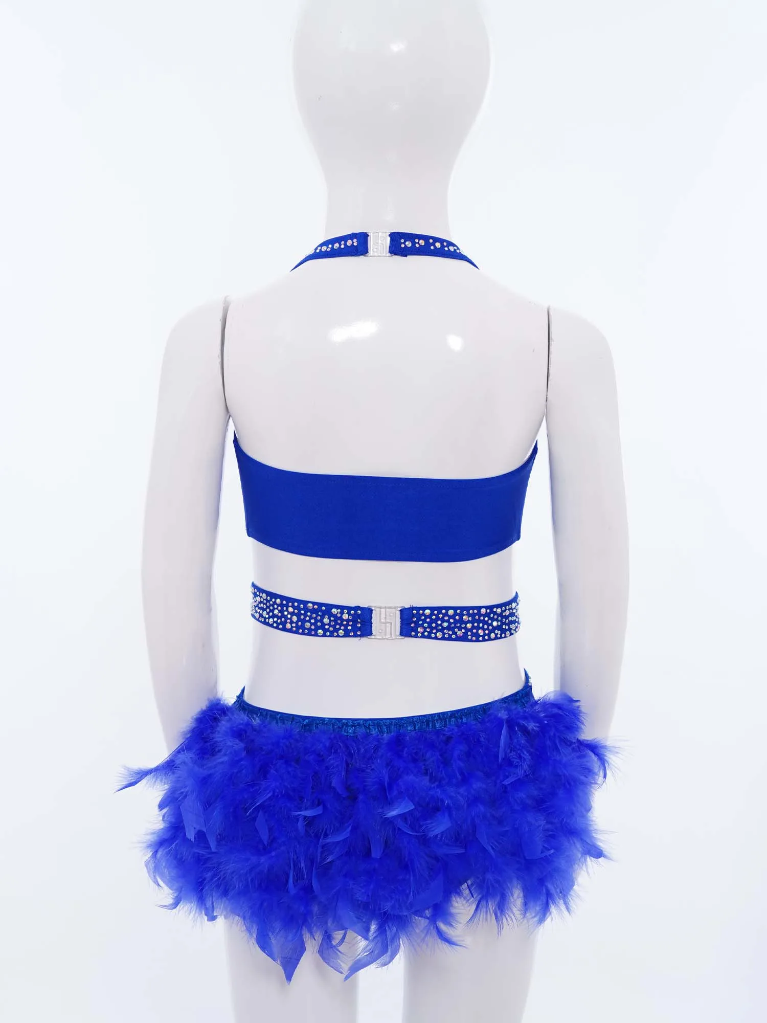 キッズガールズラテンダンスパフォーマンスコスチュームホルターノースリーブカットアウトキラキララインストーンボディスフェザースカート付きレオタード