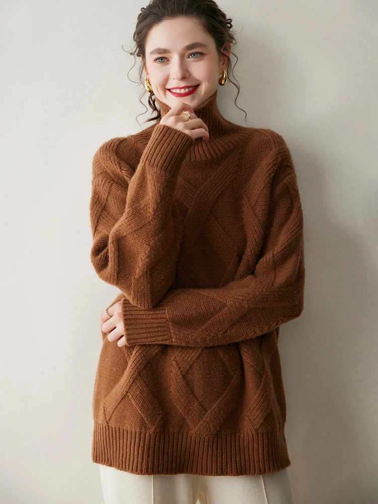 

Chic Autumn Winter High Quality 100% Cashmere Knitted Turtleneck Sweater Women's Thick Pullover Grace Casual Loose Cashmere Tops