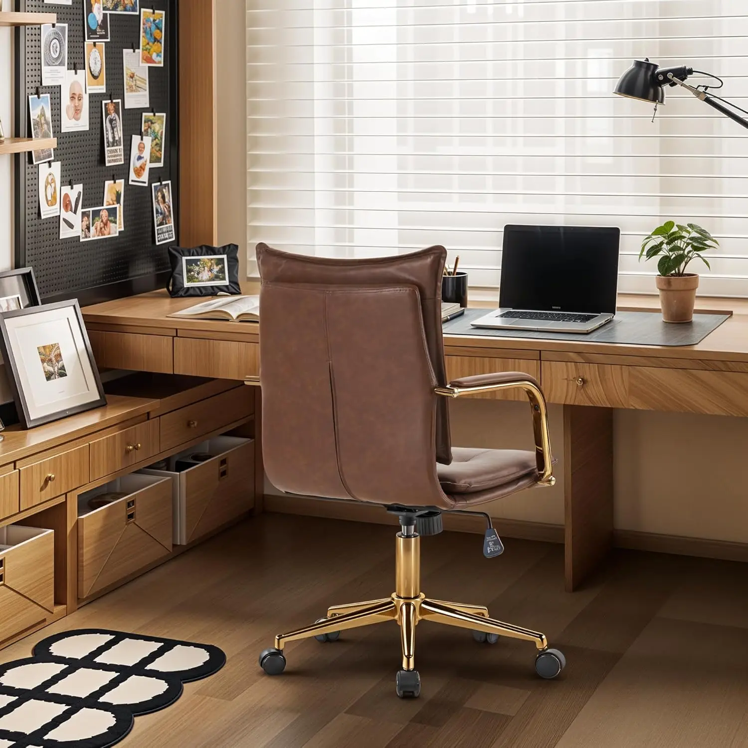 

Mid-Back Ergonomic Leather Office Chair Swivel Adjustable Rolling with Arms Gold Base Custom