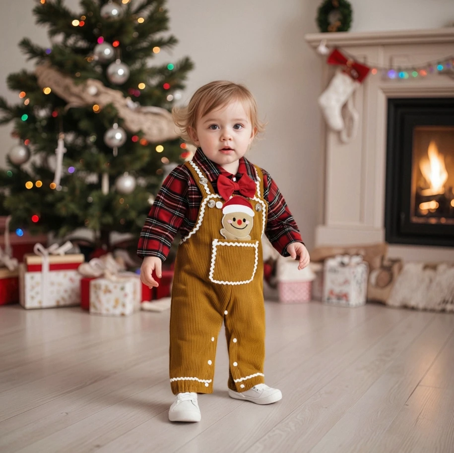 Baby Boy Christmas Clothes Plaid Print Long Sleeve Lapel Romper Gingerbread Man Embroidery Overall Pants 2Pcs Outfit