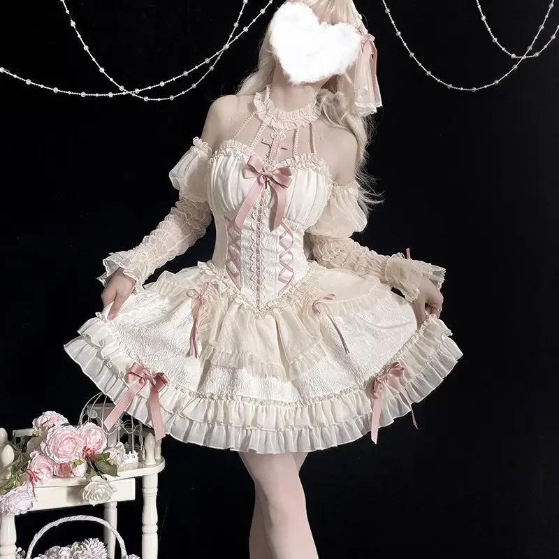 Vestido de princesa Lolita doce para mulheres, Gothic Cross Bow, Vestidos de festa de renda Ruffles Girls Harajuku Cute Bandage, Y2K Dress, Novo, 2024