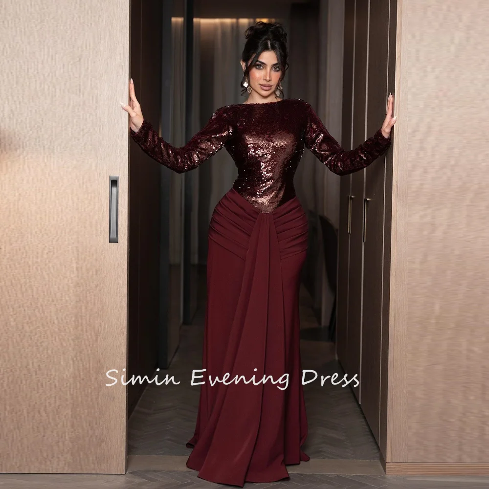 Simin فستانس Customized O-Neck Luxury Sexy Ruched Sequins Straight Classy Saudi Prom Gown Evening Party dresses for women 2024