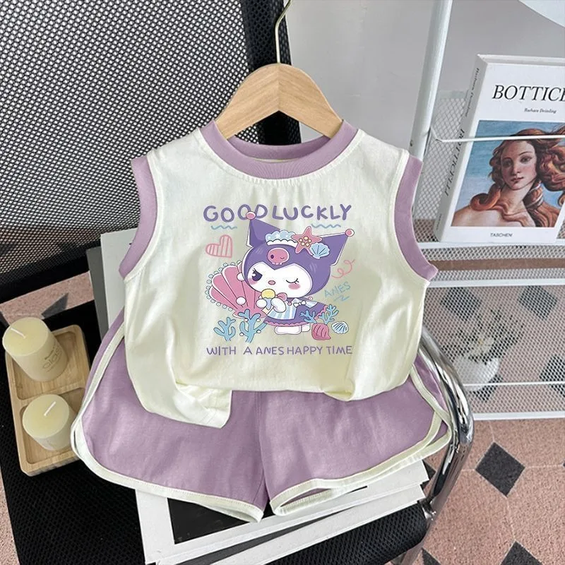 

Kuromi Anime Sanrio Kawaii Children Casual Casual Vest Set Summer 2025 Cute Cartoon Sleeveless Baby Clothes Pants Set Gifts