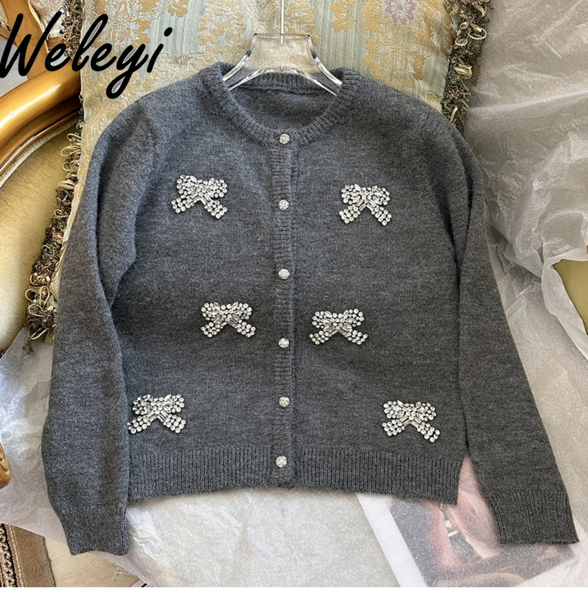 Sweet Embroidery Nail Diamonds Bow Sweater Knit Jumpers Ladies 2024 Autumn New Cute Long Sleeve Gray Short Bow Knitted Cardigans