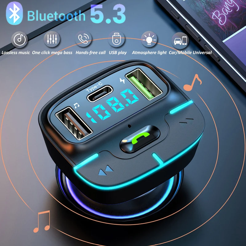 

Car Bluetooth 5.3 FM Transmitter Wireless Audio Receiver Car MP3 Player 66W PD Fast Charger Ambient Light Muti-point Charger