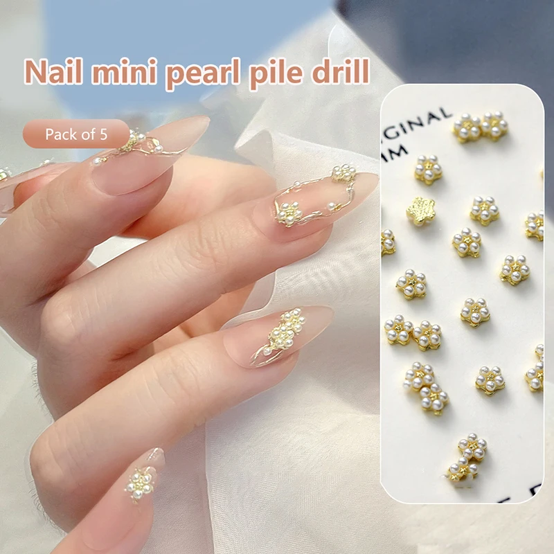 

5Pcs Alloy Flower With Pearl Nail Jewelry 3D Five-Petals UV Changing Flower Nail Charms Manicure Nail Art Decoration