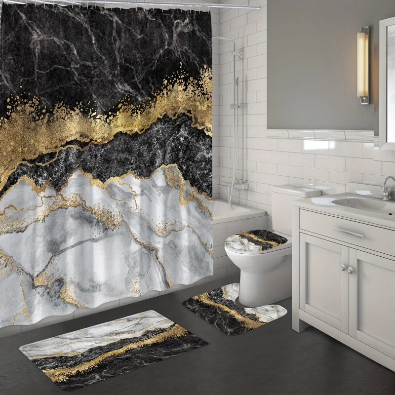 1/3/4 Sets of Marble Pattern Kit Carpet , Waterproof Shower Curtain with 12 Hooks, Non-slip Bathroom Carp