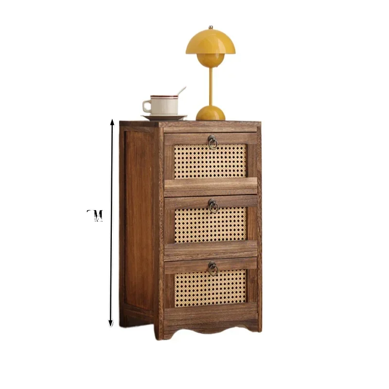 

Multi-Tier Drawer Storage Rack, Vintage Rattan Bedside Cabinet, Small Solid Wood Organizer Table, Simple Storage Chest