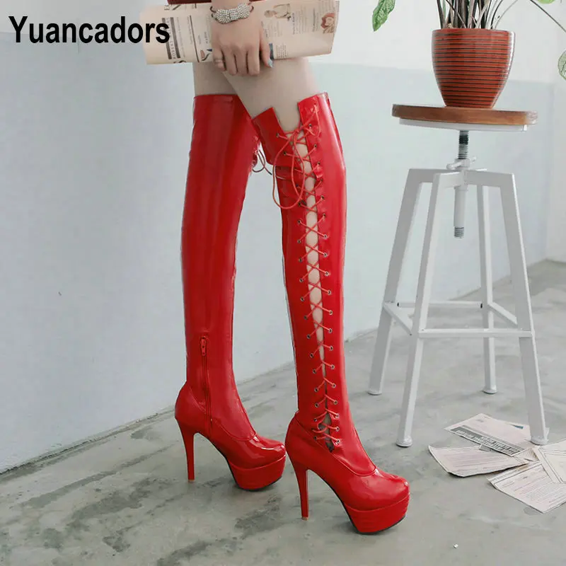 

Side Lace-up Cross-tied Platform Women Overknees Shoes Big Size 51 52 50 Sexy Spike High Heels Red Over-the-knee Stretch Boots