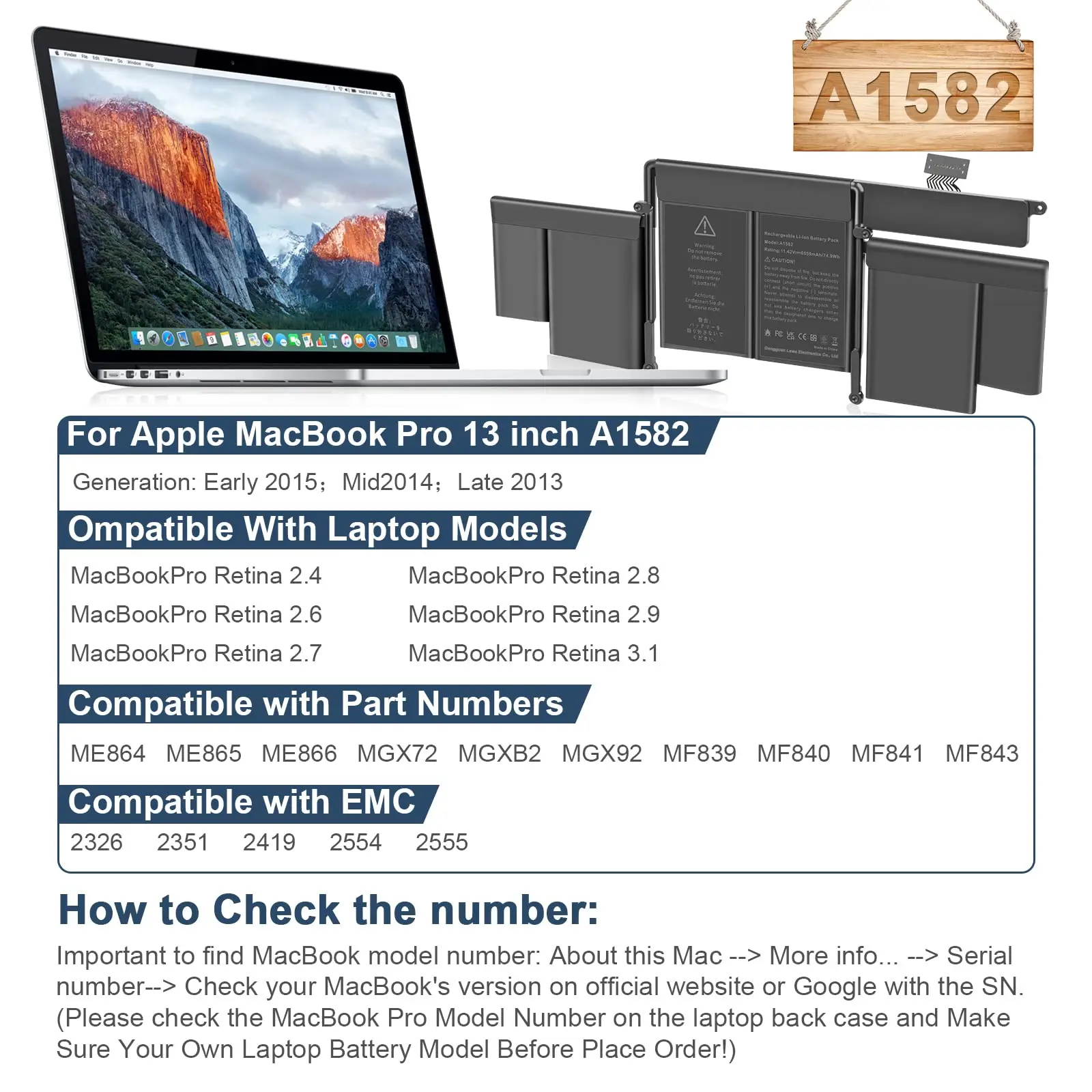 Imagem -04 - Bateria de Substituição para Macbook Pro A1582 A1502 A1493 Retina Início 2023 Meados 2014 Final 2013 Me864 Me865 11.42v 74.9wh