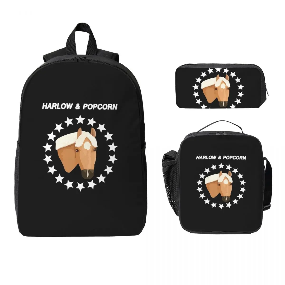 

Harlow And Popcorn Merch Popcorn The Pony Backpack Student Boys Girls BookBag School Bag 3ps Insulated Lunch Bag Pencil Case