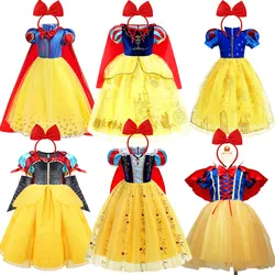 Snow White Cosplay Royal Ball Gown Girls Deluxe Princess Dress Prom Make up Party Puffy Fairy Tale Toddler Halloween Apparel 6Yr